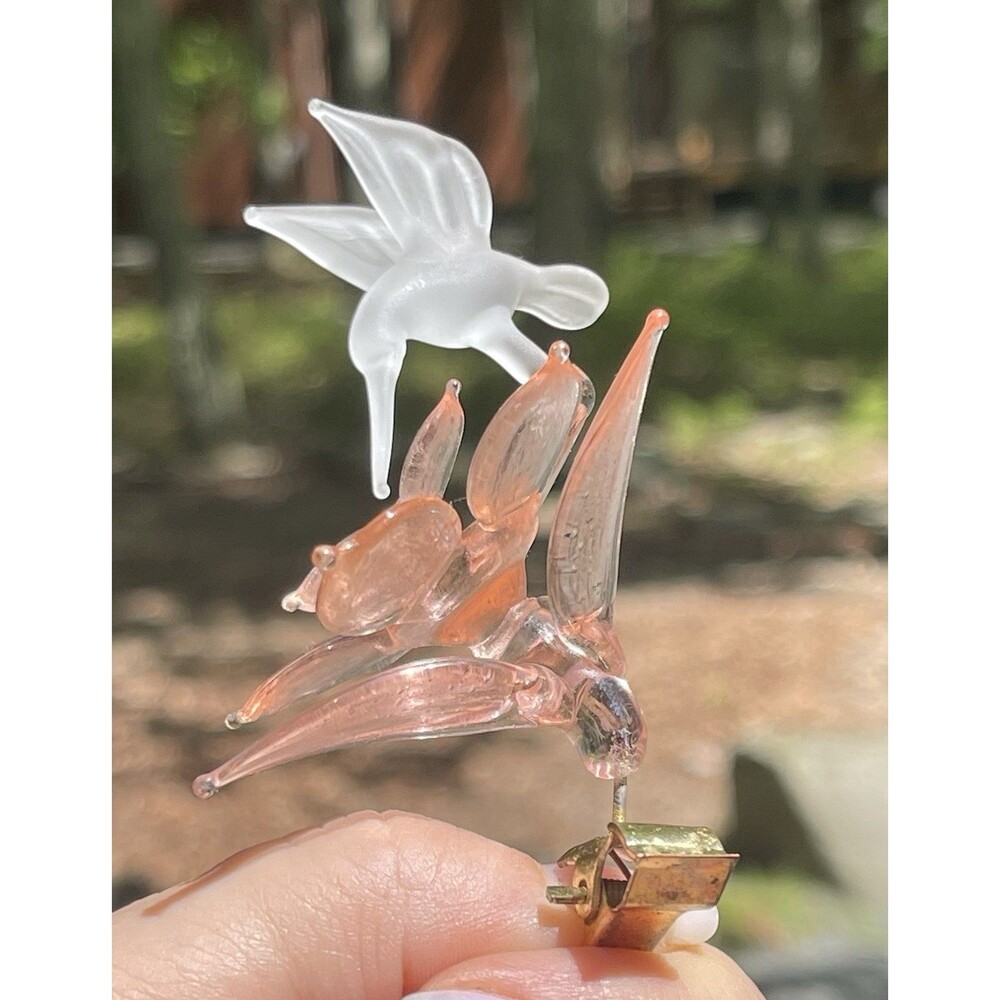 VTG Hand Blown Glass Hummingbird Clip On Ornament Pink Flower Frosted Bird